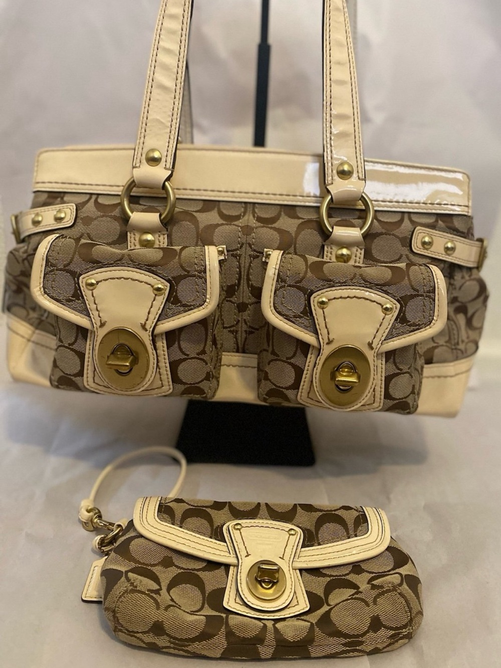 Coach Brown and Cream Signature Canvas Shoulder Bag with Wristlet